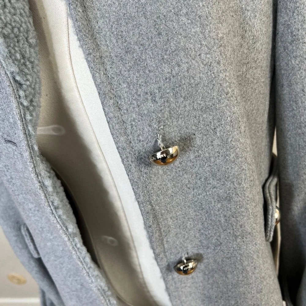 Kate Spade Grey Wool Blend Coat Sherpa Trim Collar Trench Jacket K21765Y Size XS
